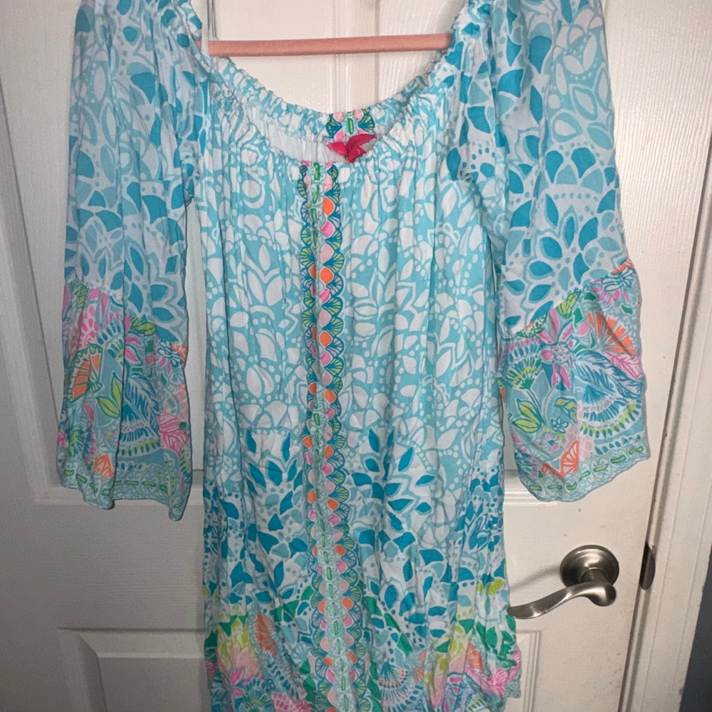 Lily Pulitzer blue and white off shoulder dress